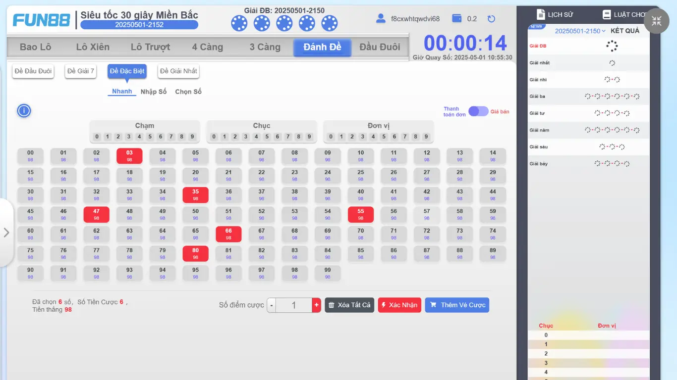 Giao diện xổ số nhanh tại FUN88