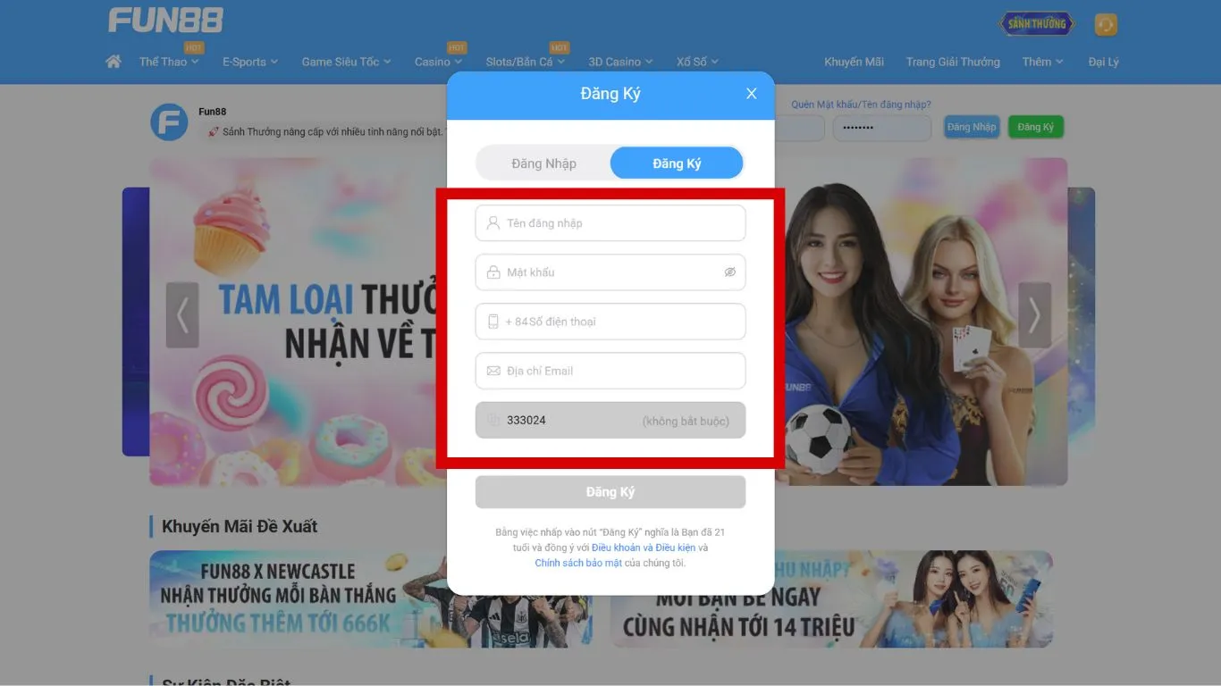 đăng ký FUN88 bước 2