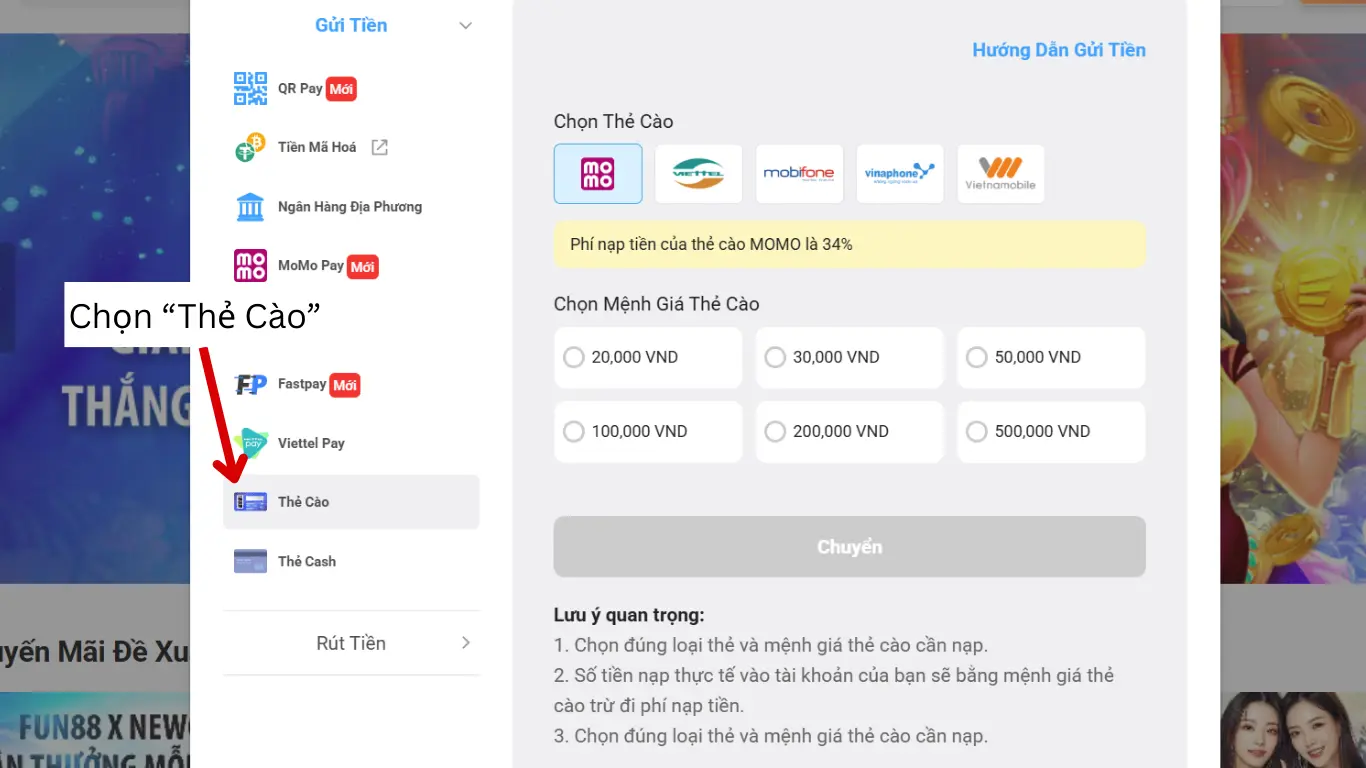 Nạp tiền fun88 thẻ cào