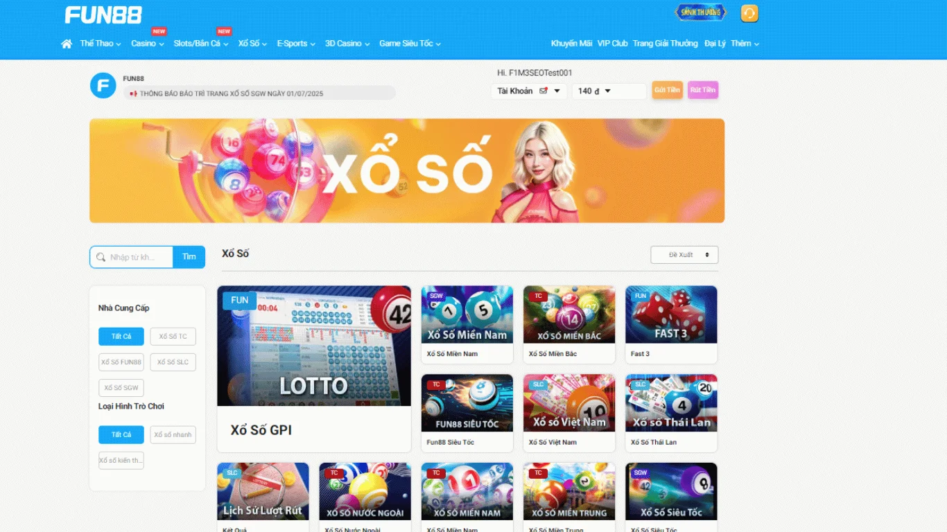 FUN88 sở hữu kho trò chơi Xổ Số Keno phong phú