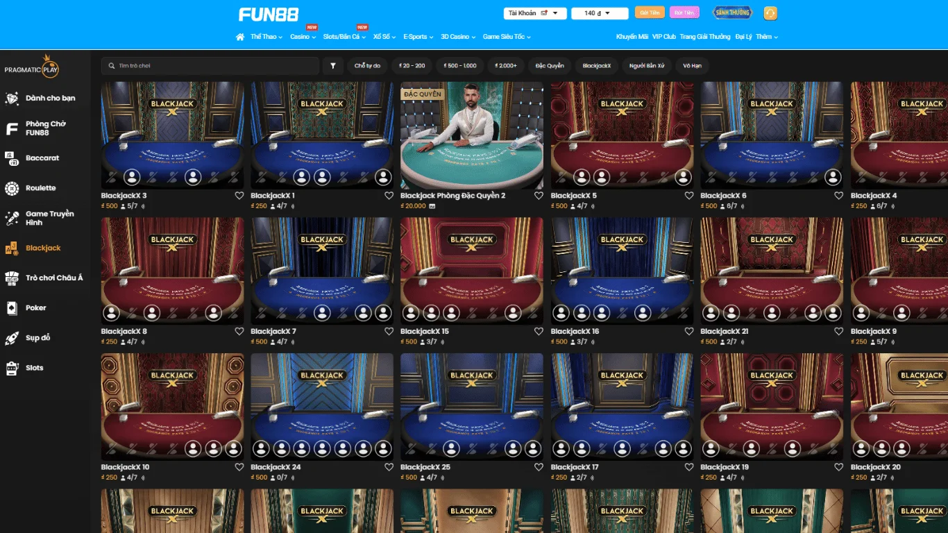 Giao diện các bàn chơi Blackjack online tại FUN88