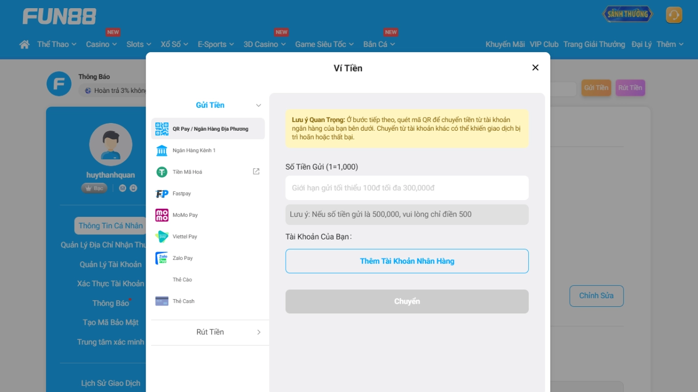 Đối với hình thức chuyển và đổi điểm cược